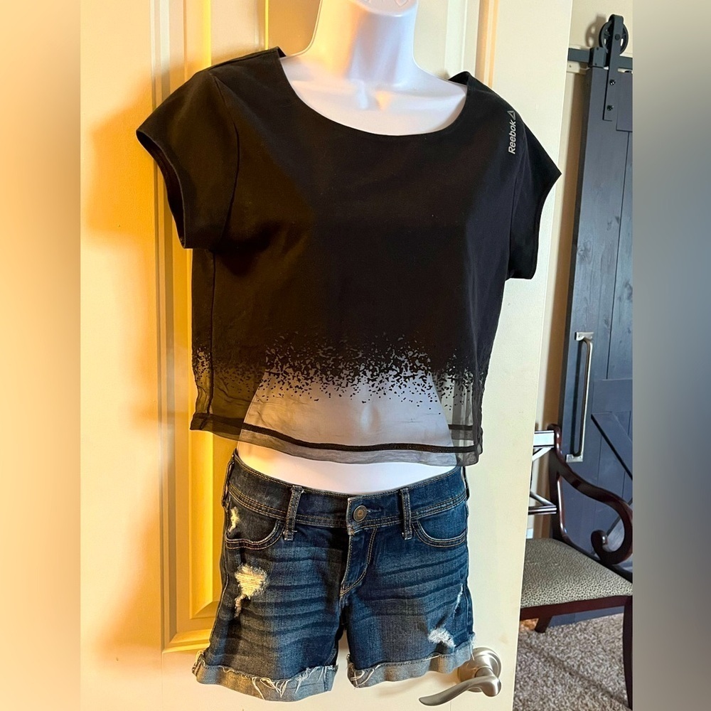 Reebok Cropped Black Oversized Tee with Sheer midriff, size Small